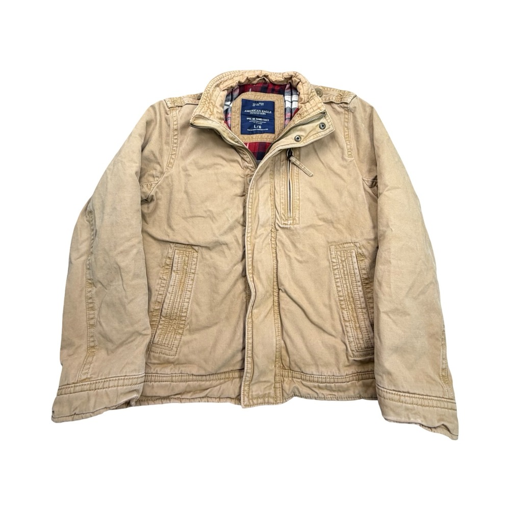 American Eagle Canvas Jacket Mens L Tan Plaid Lined Cotton Field Workwear